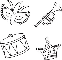 Mardi Gras Icon Set with Mask Hat Drum and Confetti Outline