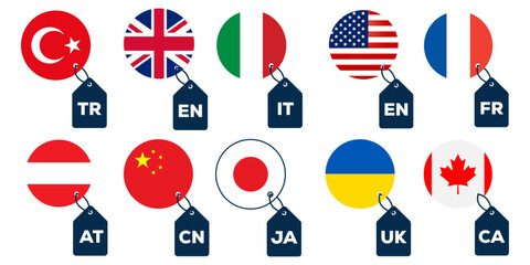 Obraz premium International Language Country Flag Icons with Abbreviation Tags for Global Communication and Translation