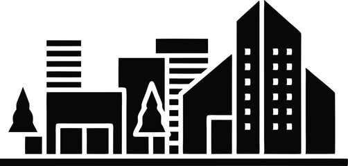 Black and White Silhouette of City Skyline with Buildings and Trees in Simple Illustration Style