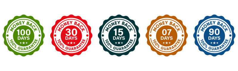 Money Back Guarantee Badge Icons with Day Counts for Return Policy and Product Trust