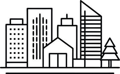 Obraz premium Line Art Cityscape Illustration Buildings, Skyscraper, House, and Tree in Black and White Design