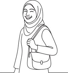 Happy Muslim Girl with Headscarf Line Drawing