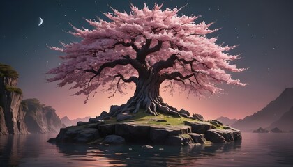 Majestic Cherry Blossom Tree on a Serene Island at Twilight