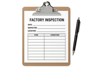 Factory inspection checklist on clipboard with pen on transparent background