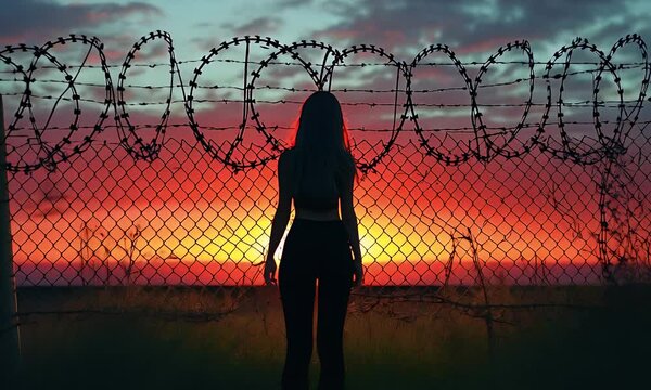 Silhouette of a woman standing before a barbed wire fence at sunset.