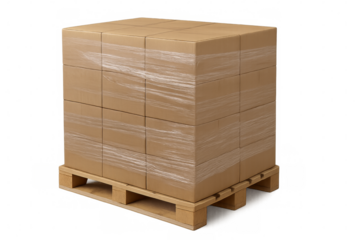 Cardboard boxes wrapped in plastic on wooden pallet with transparent background