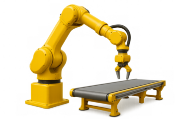 Yellow robotic arm picking up product from conveyor belt on transparent background