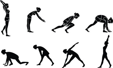"Female Workout and Stretching Poses – Black Silhouette Fitness Vector"
