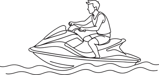 Sporty Tourist Man Riding Jet Ski Line Art