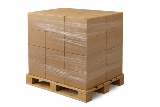 Cardboard boxes wrapped in plastic on wooden pallet with transparent background