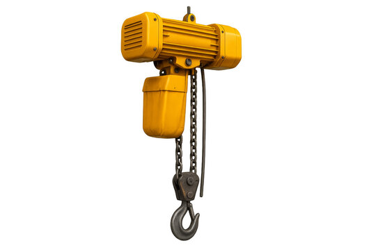 Yellow electric hoist with hook hanging on transparent background