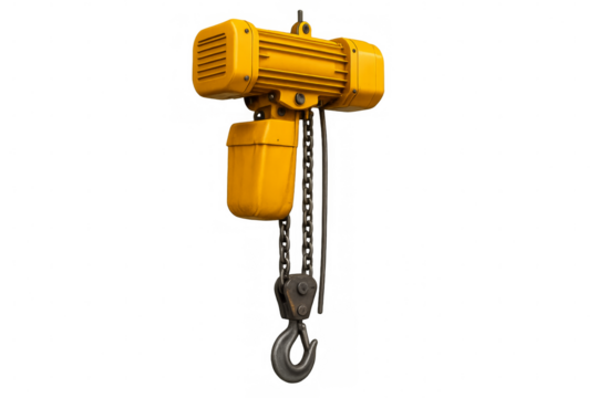 Yellow electric hoist with hook hanging on transparent background