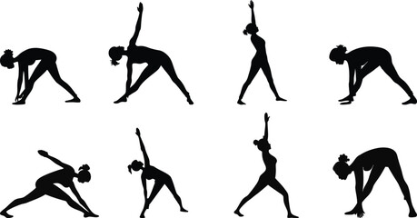 "Yoga and Warm-Up Exercise Woman Silhouette Icons – Fitness Vector Illustration"