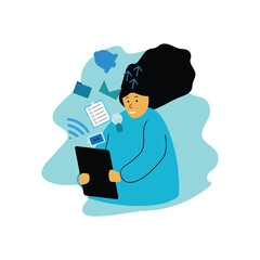 illustration of woman doing digital learning KnowledgeForAll, flat illustration, vector eps 10