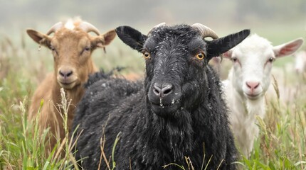 Obraz premium Three goats are standing in a field