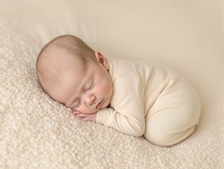 A baby is sleeping on a white blanket