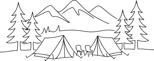 Camping Landscape with Mountains and Tents Line Drawing