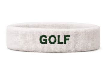 White sports headband with golf lettering on transparent background