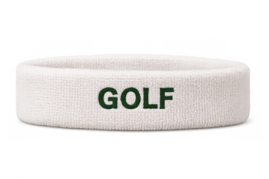 White sports headband with golf lettering on transparent background