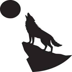Silhouette of a wolf howling at the moon standing on a rocky outcrop