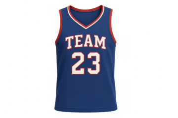 Blue basketball jersey showing number twenty-three and team name on transparent background