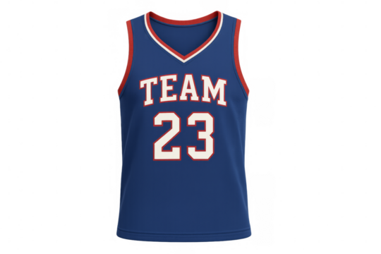 Blue basketball jersey showing number twenty-three and team name on transparent background