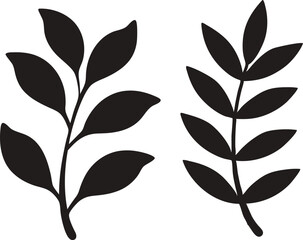 Two Black Branch Silhouettes with Rounded and Pointed Leaves on White Background