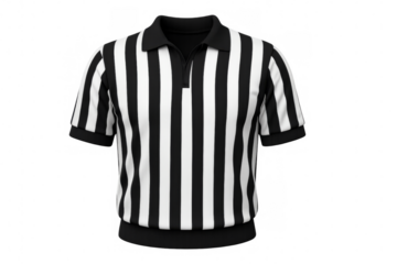 Referee shirt with vertical black and white stripes on transparent background