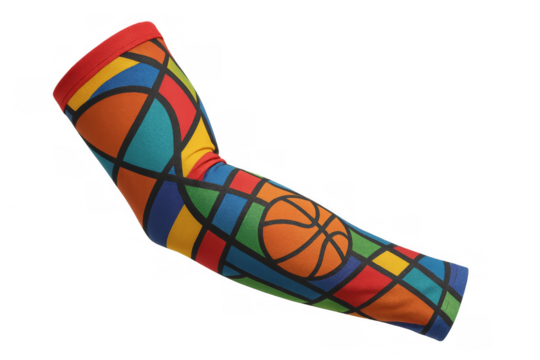 Colorful arm sleeve showing basketball design on transparent background