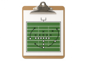 Football game strategy planning on clipboard with transparent background