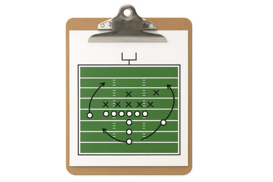 Football game strategy planning on clipboard with transparent background