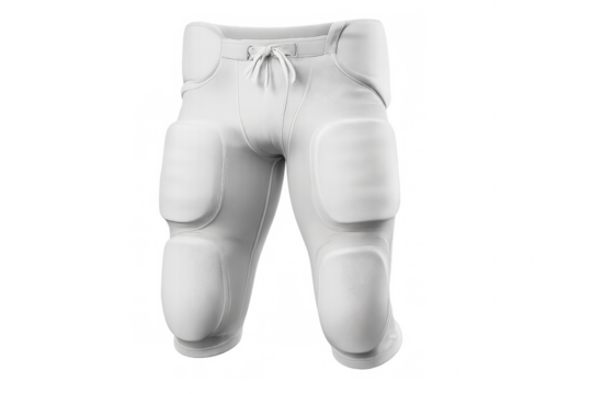 White protective football pants with hip, thigh, and knee padding on transparent background