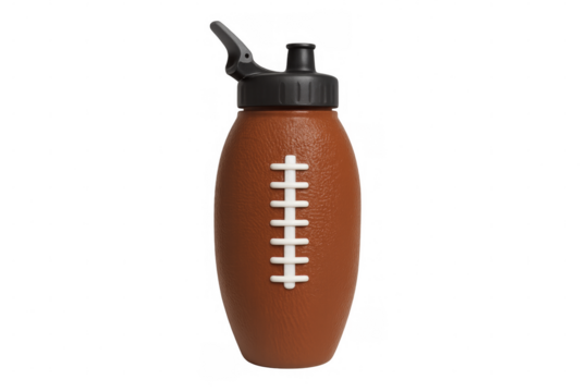 Brown plastic football-shaped water bottle with transparent background