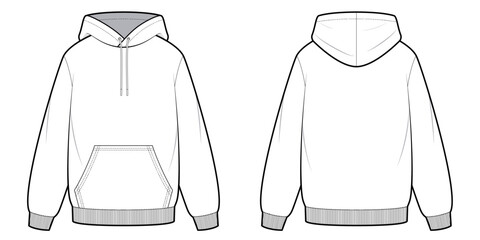 Pullover Hoodie Jacket- Flat Technical Drawing -Front and Back View- Cad/ Vector Illustration 