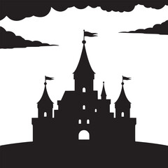 Obraz premium Silhouette of a castle with flags and clouds against a white sky view