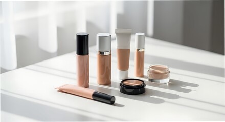 Captivating array of cosmetic products elegantly arranged on a sleek white surface, casting graceful shadows from gentle morning light Generative AI