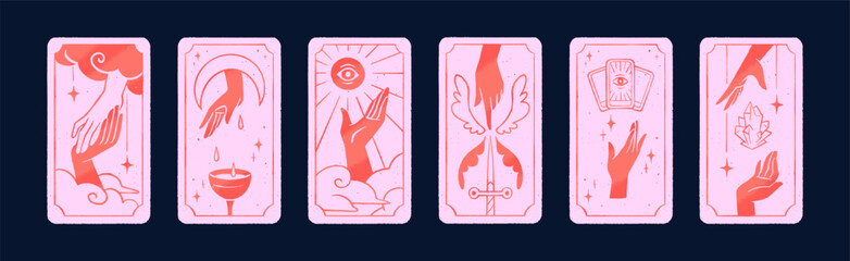 Set of tarot back designs with pink colour. Fortune telling by esoteric cards with hands, crystals, magic arcanas- swords, cups, pentacles. Divination by astrology, zodiacs. Flat vector illustrations © Paper Trident