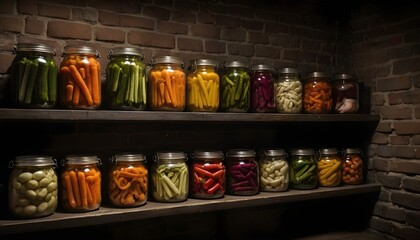 Jars of Garden Vegetables Neatly Arranged on Wooden Shelves in a Pantry