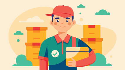 Cartoon Delivery Man Holding Package with Boxes and Clouds in the Background Illustration