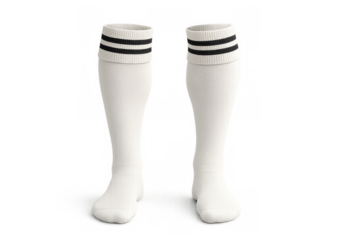Long white sports socks with black stripes on transparent background
