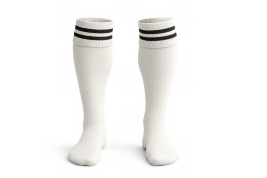 Long white sports socks with black stripes on transparent background - Powered by Adobe