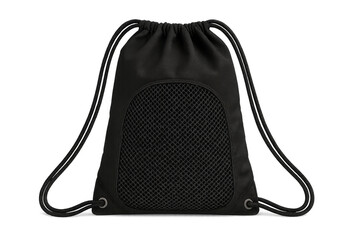 Black drawstring bag with mesh pocket on transparent background