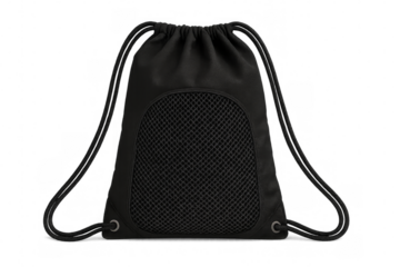 Black drawstring bag with mesh pocket on transparent background