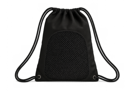 Black drawstring bag with mesh pocket on transparent background