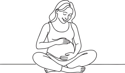Happy Pregnant Lady Sitting at Home Line Art