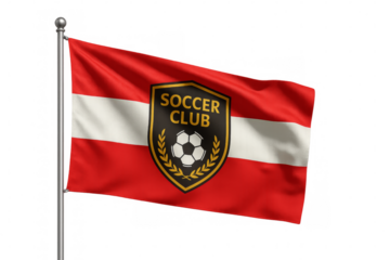 Red and white soccer club flag waving on transparent background