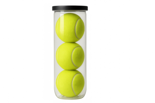 Tennis balls packaged in a transparent tube with transparent background