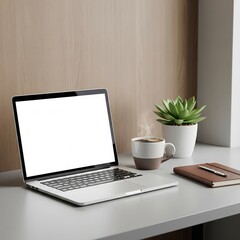 Fototapeta premium Gen AI Modern workplace without people work desk at home ﻿﻿Laptop ﻿﻿Cup of coffee or tea ﻿﻿Notepad, pen ﻿﻿Small plant