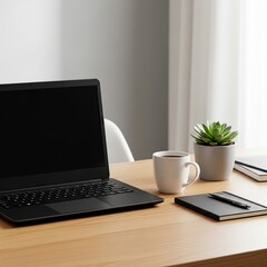 Fototapeta premium Gen AI Modern workplace without people work desk at home ﻿﻿Laptop ﻿﻿Cup of coffee or tea ﻿﻿Notepad, pen ﻿﻿Small plant