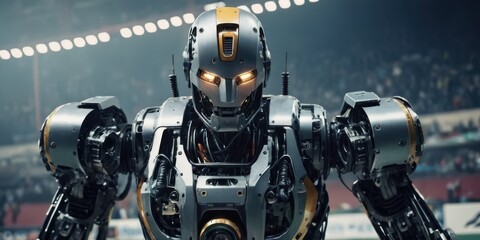 robot playing sports, futuristic robot cyborg playing sport game